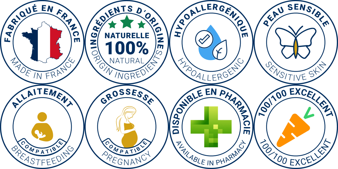 Vernixa Paris - Etichette: Made in France, 100% Ingredienti di origine naturale, ipoallergenico, adatto alle pelli sensibili, adatto all'allattamento, adatto alla gravidanza, disponibile in farmacia, 100% ottimo yuka.